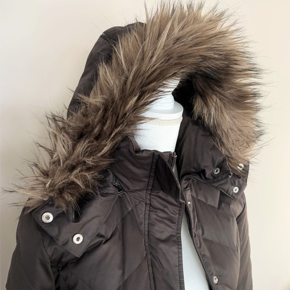 Brown Down Winter Coat with Faux Fur Removable Hood - Nine West